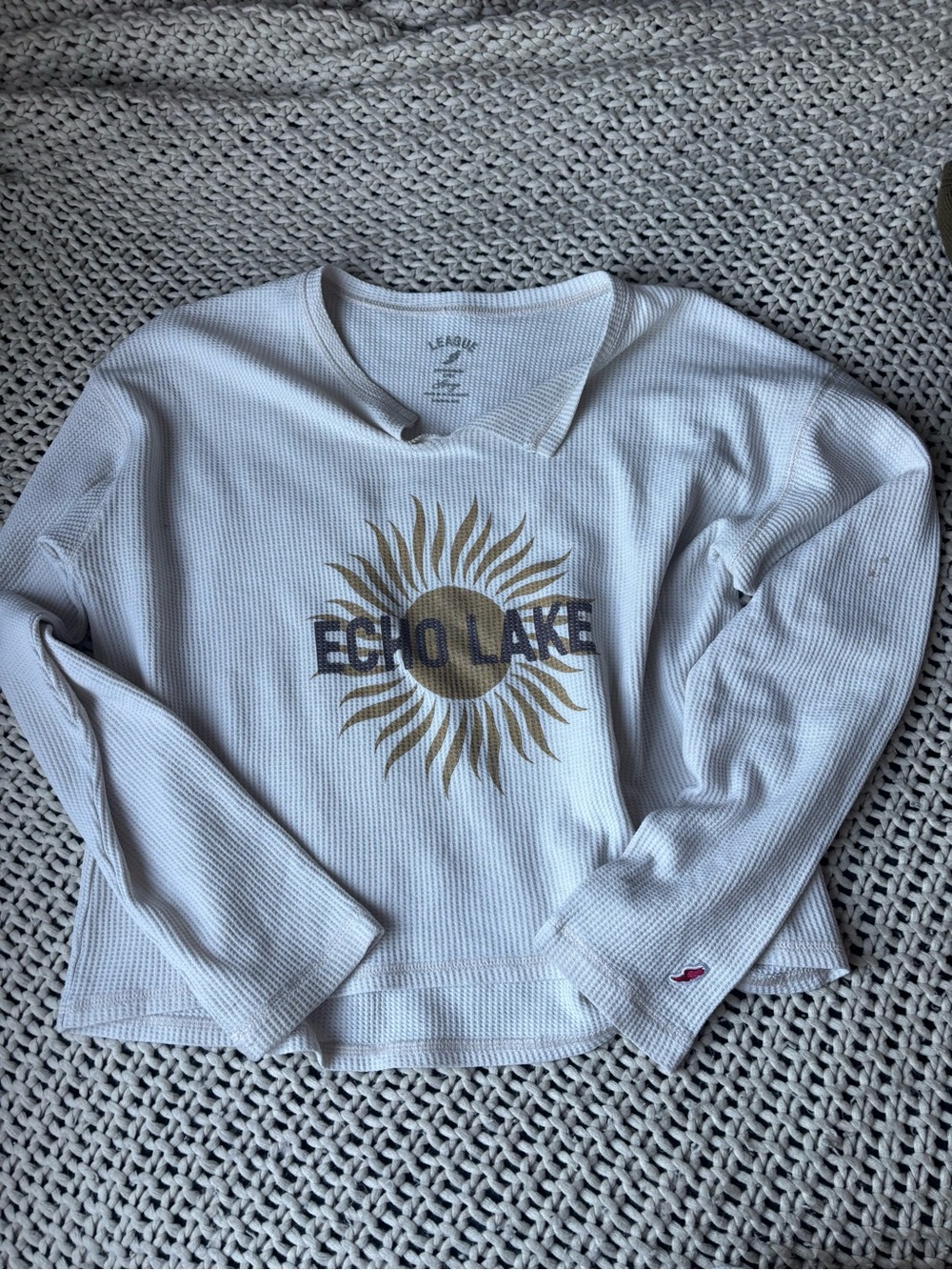 League White Waffle Knit Crewneck with Gold Sun Graphic